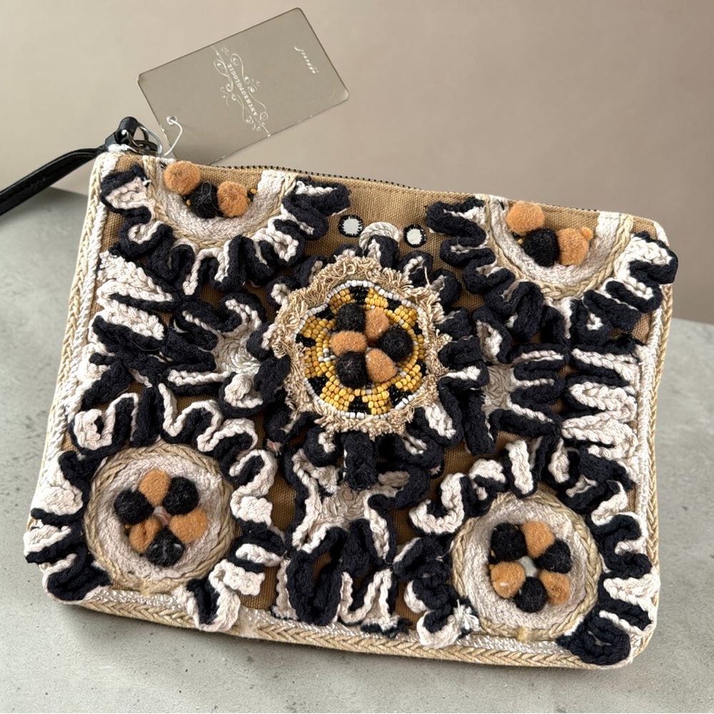 Anthropologie Jasper & Jeera Embellished Zip Pouch Clutch Neutral Boho New